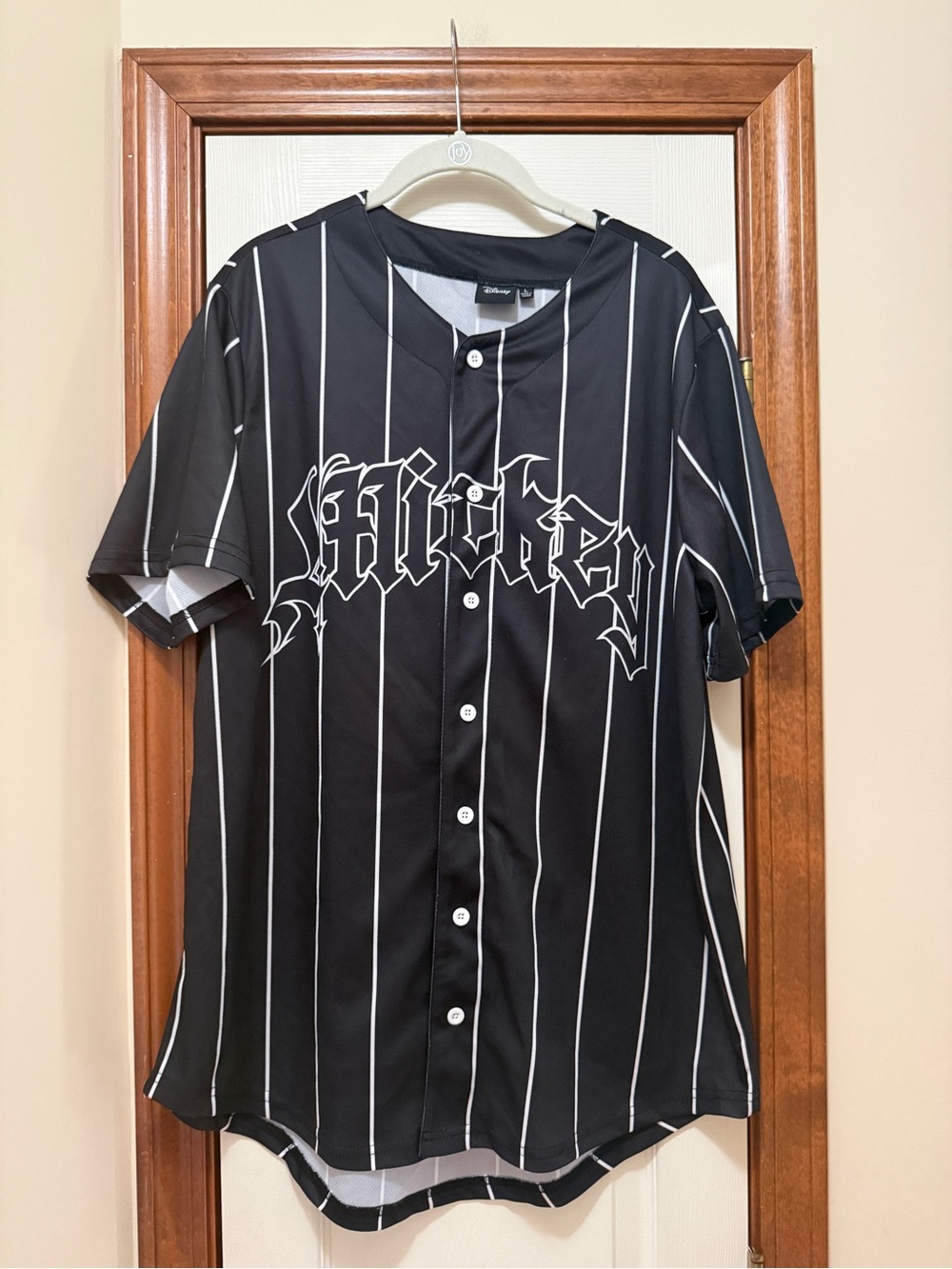 Disney Mickey Mouse Black/White pinstriped unisex baseball jersey size Large